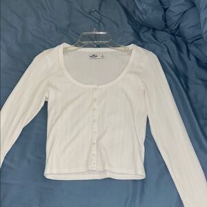 Hollister White Ribbed Scoop-Neck Button Long Sleeve Top
